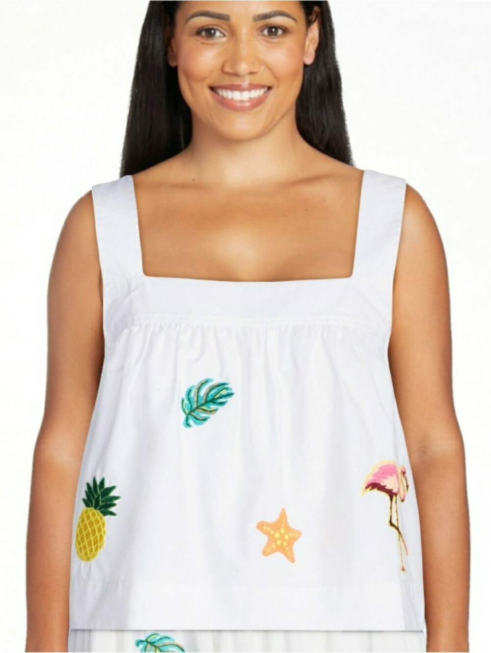 White Embroidered Tropical Square-Neck Tank Top